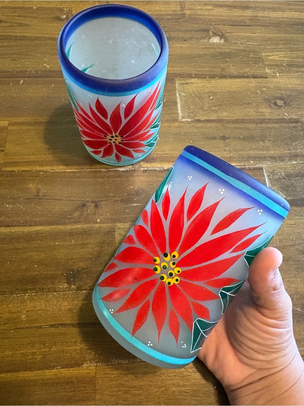 Vintage Frosted Glass Cups Holiday Christmas Poinsettia Hand Painted Drinkware